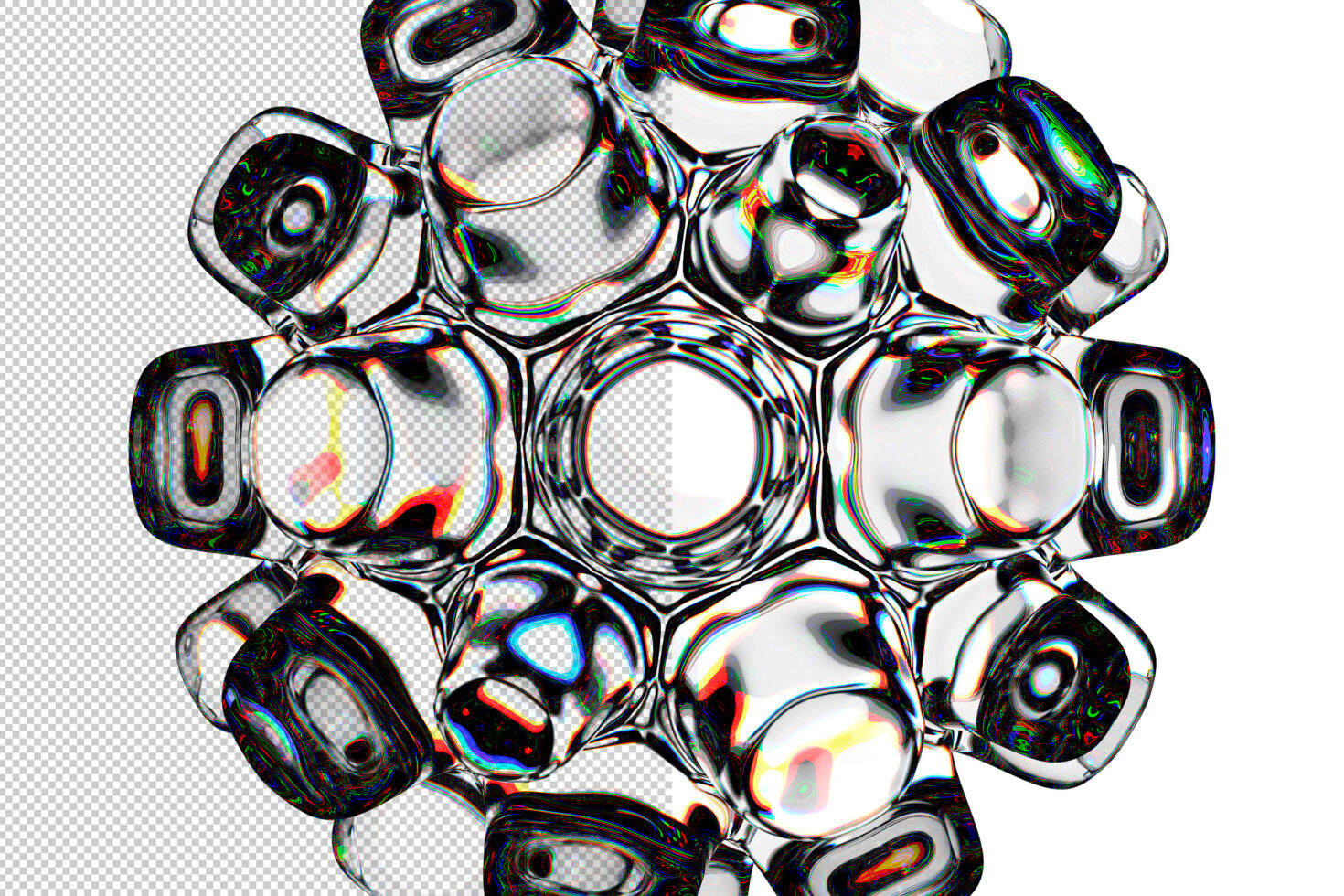 Iridescent glass bubbles clustered together with chromatic aberration effect