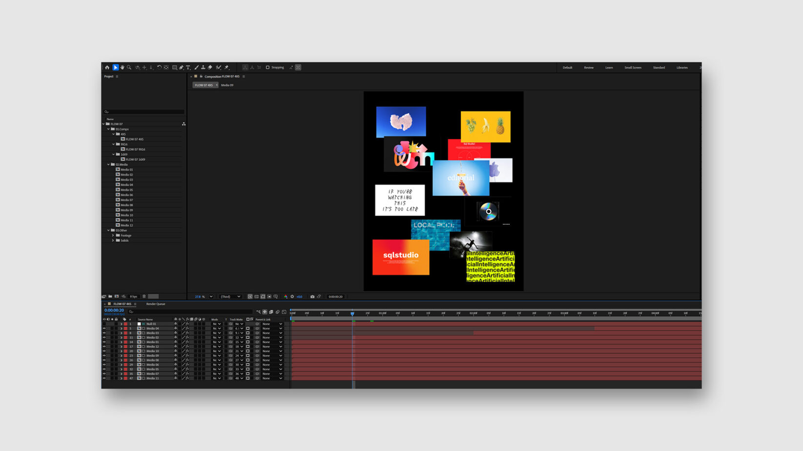 Motion graphics editing software interface showing colorful animated layout design