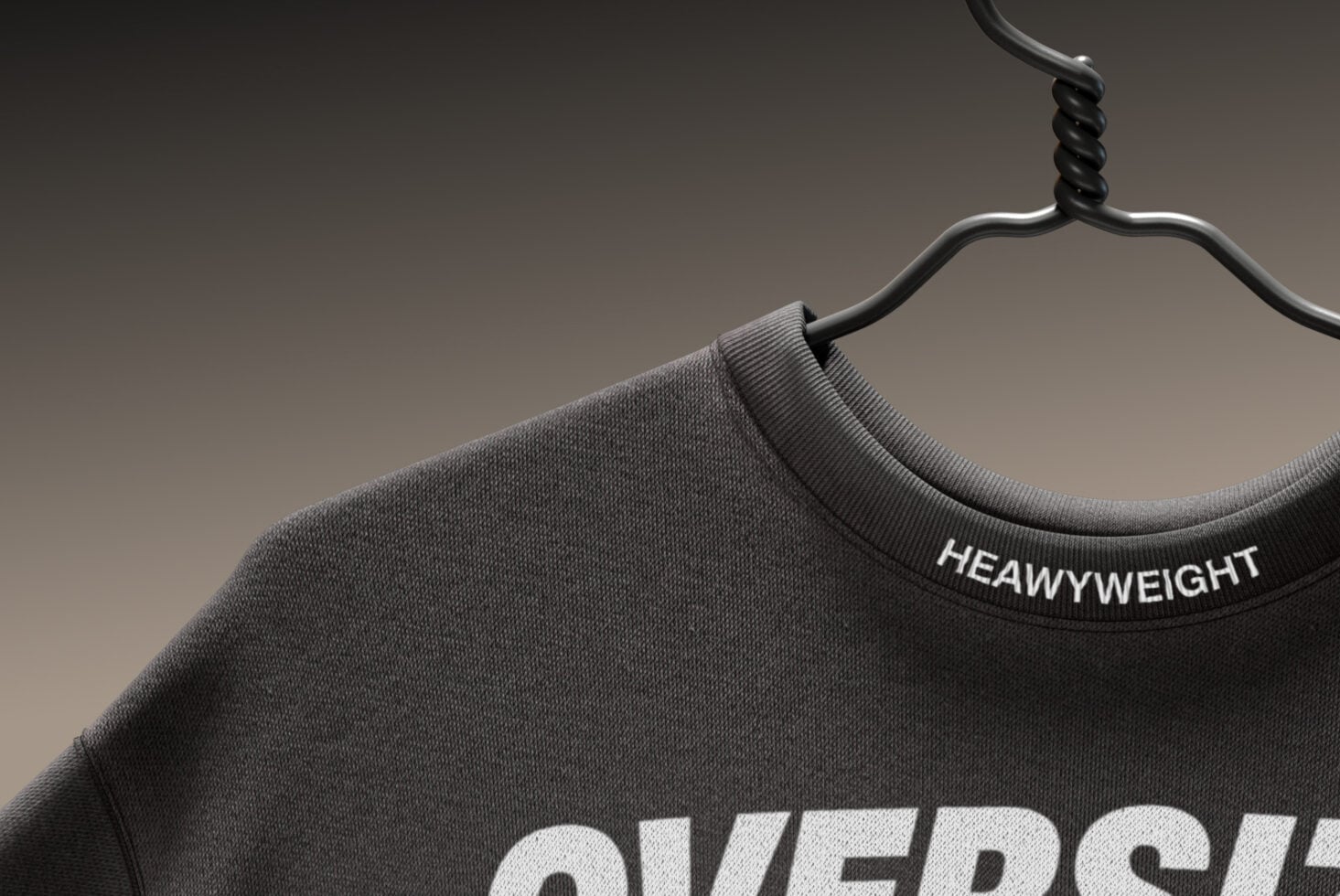 Close up of heavyweight crewneck sweatshirt neckline on black hanger
