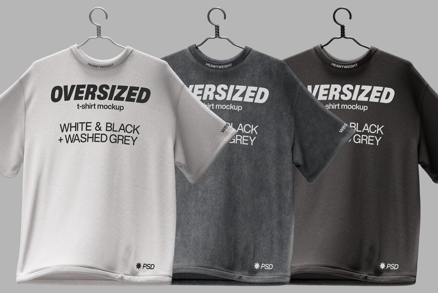 Oversized heavyweight tee mockup in white black washed grey on hangers