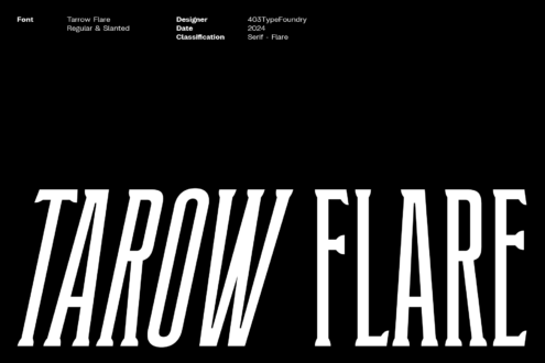 Tarow Flare serif font specs on black background italic style 2024