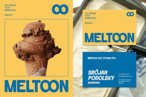 Meltoon ice cream brand mockup with chocolate cone, yellow background, business card