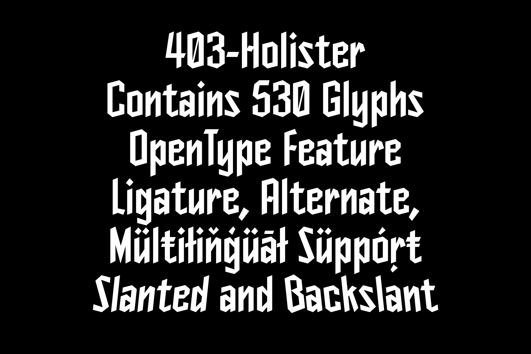 Holister font specs listing 530 glyphs with OpenType features