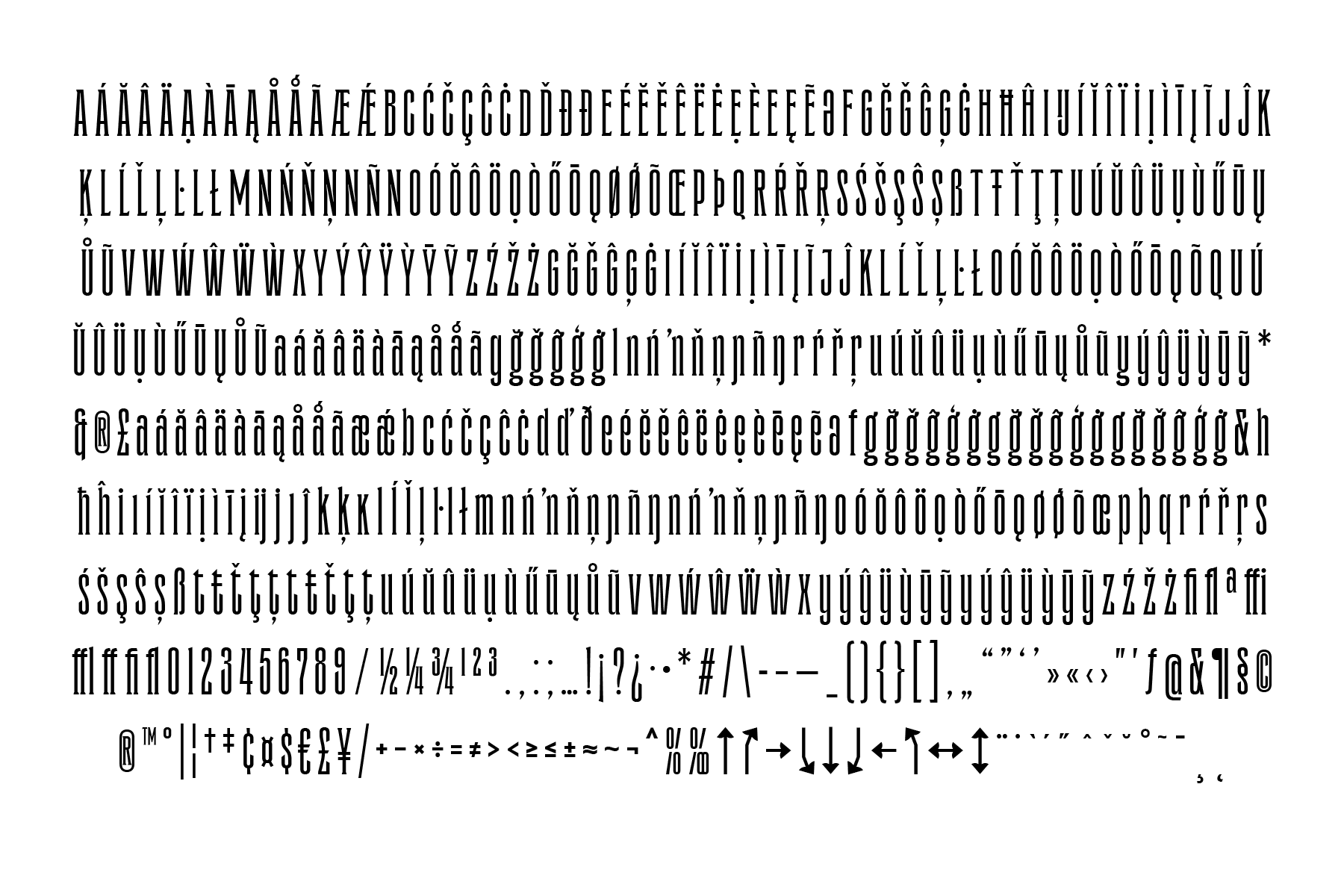 Tarow Flare character set showing full alphabet numbers punctuation marks