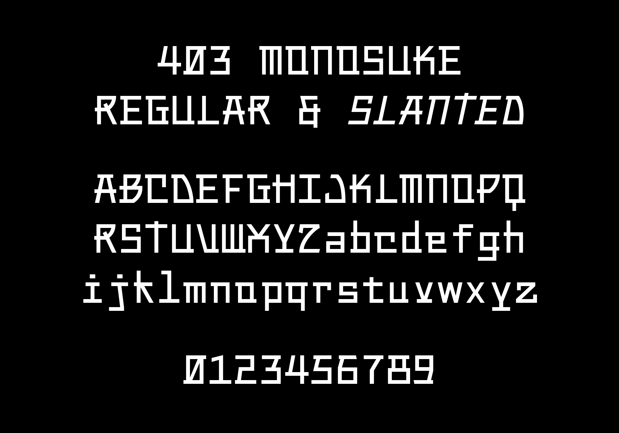 403 Monosuke typeface showing regular plus slanted alphabet variants