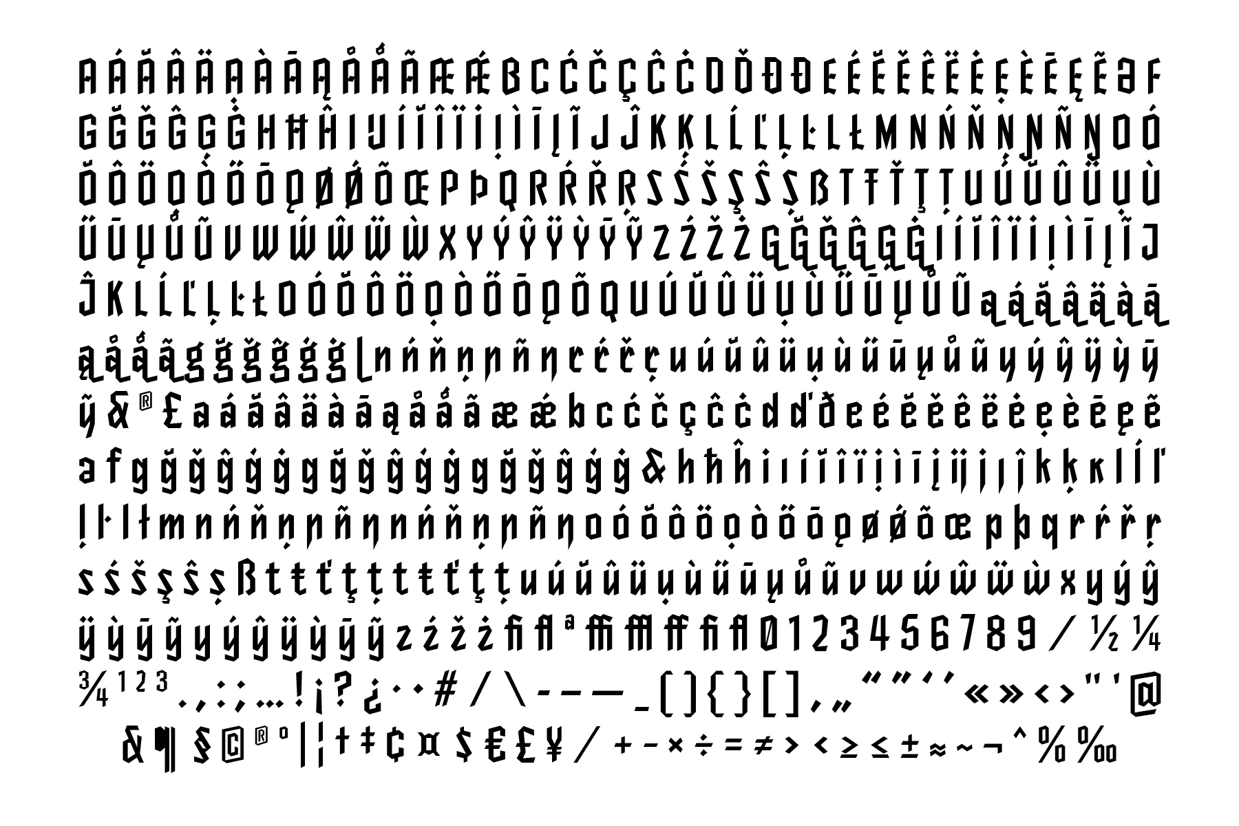 Complete character set showing multilingual glyphs with accents