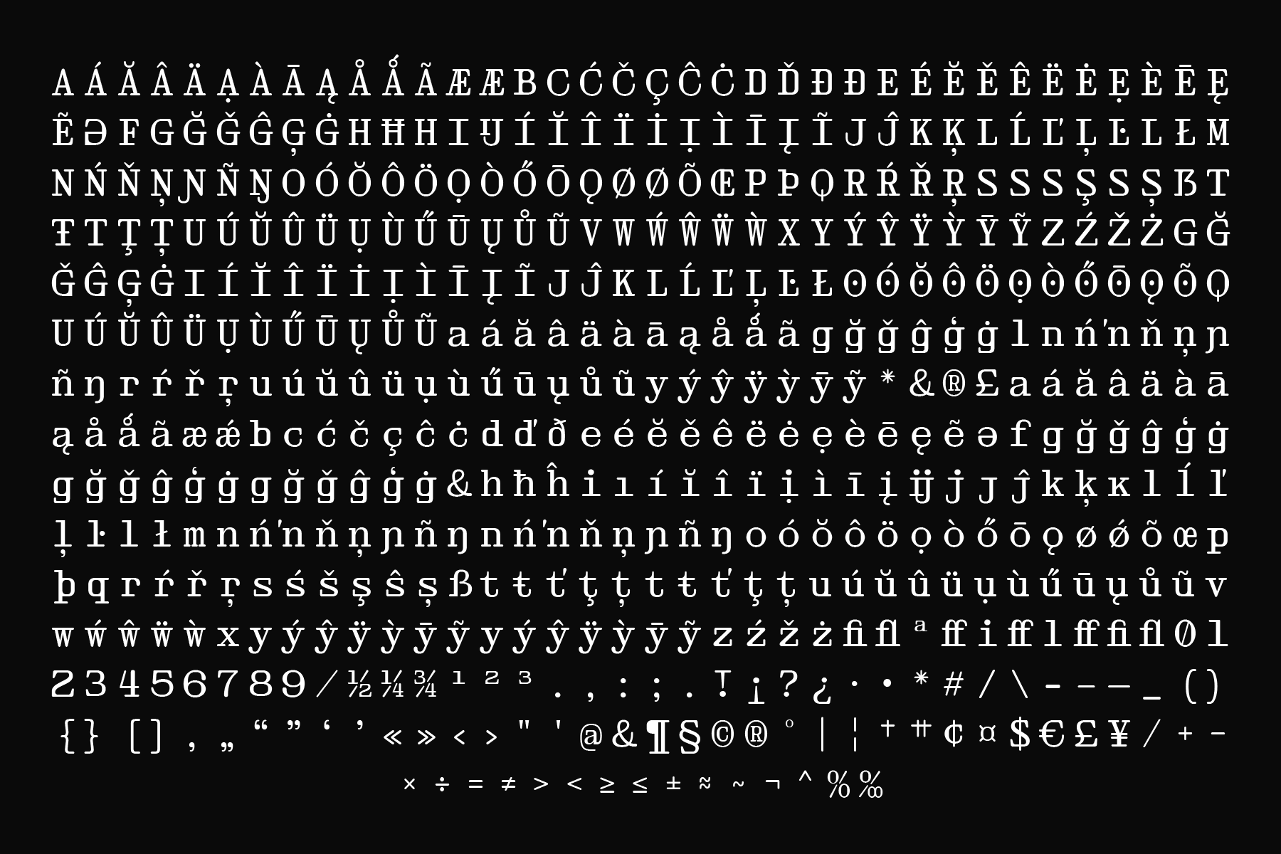 Full character set showing accents symbols numbers special characters