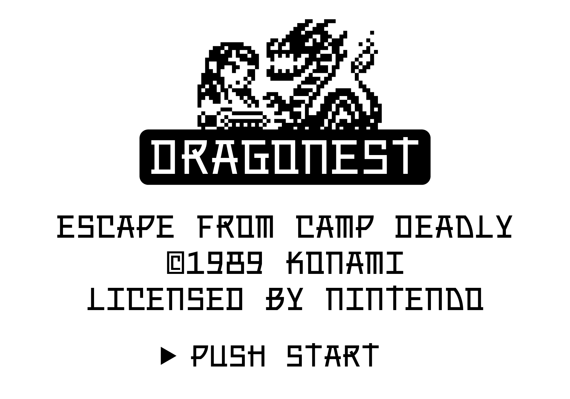 Retro pixel art dragon logo with Dragonest title for 1989 Konami game