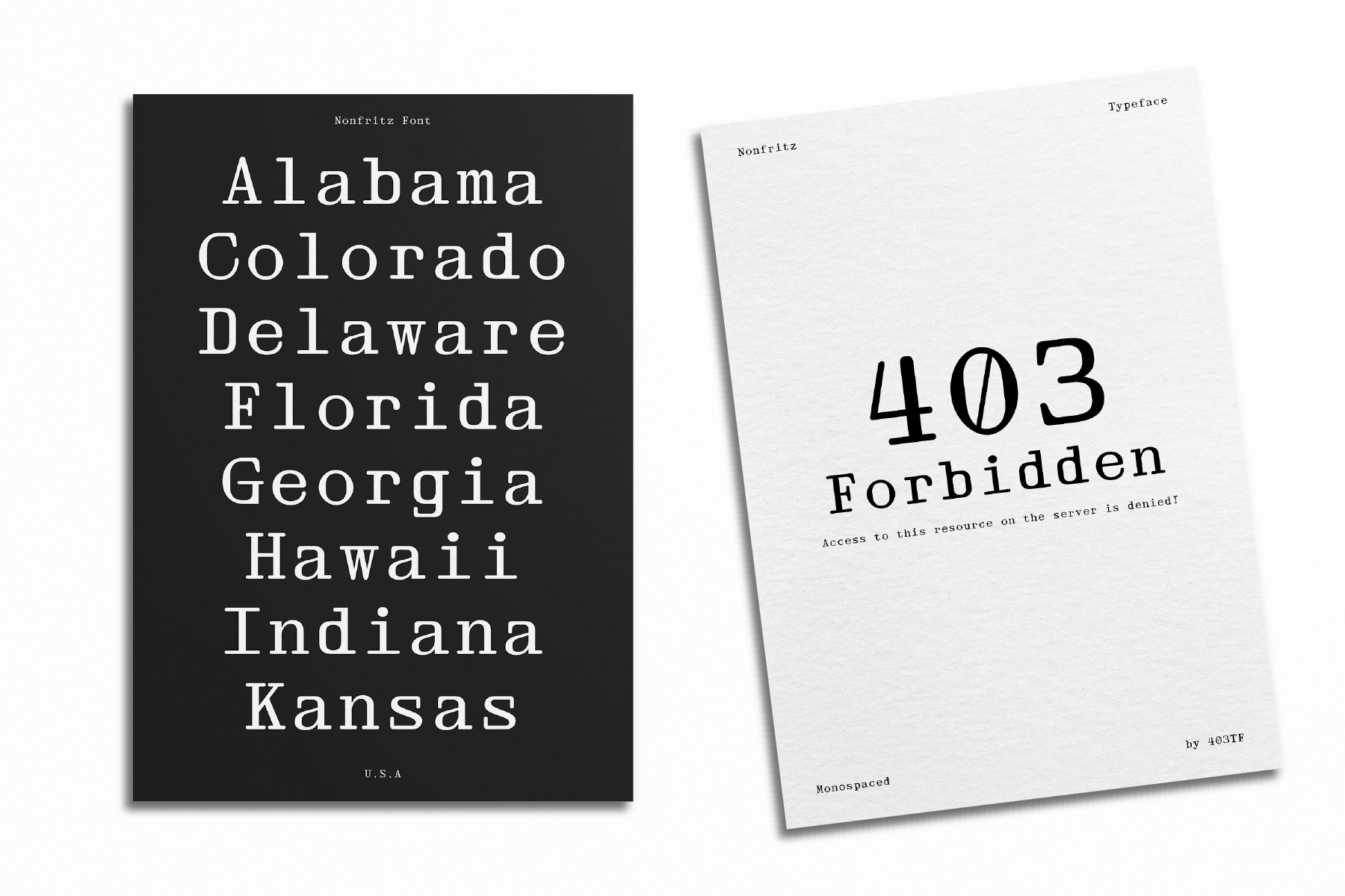 Nonfritz font mockup on dark card with US states list, white pages