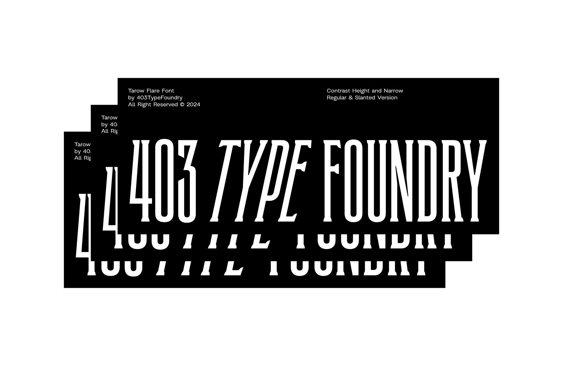 Tarow Flare font display showing contrast height narrow regular slanted versions