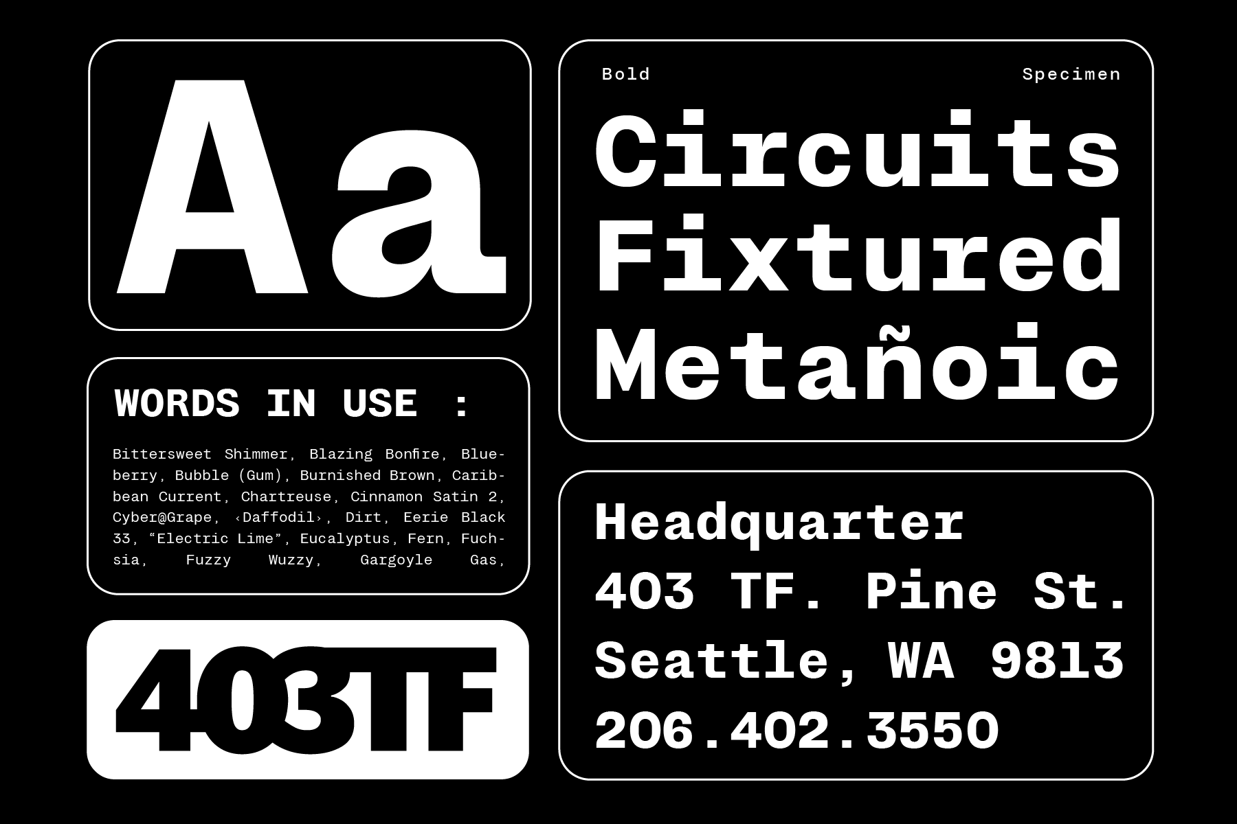 403 Mono font specimen with layout samples, color variants, contact details