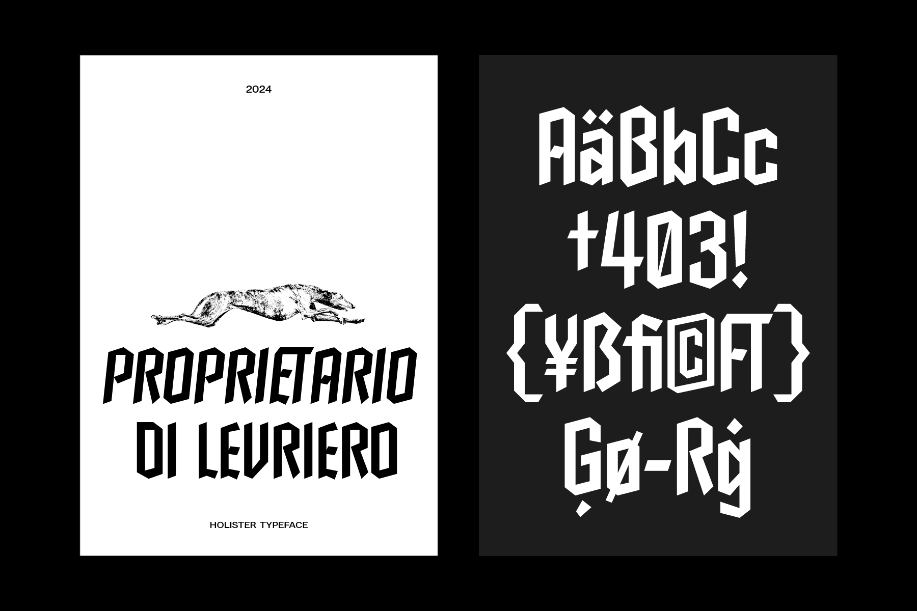 Holister typeface displayed on white paper with specimen sheet
