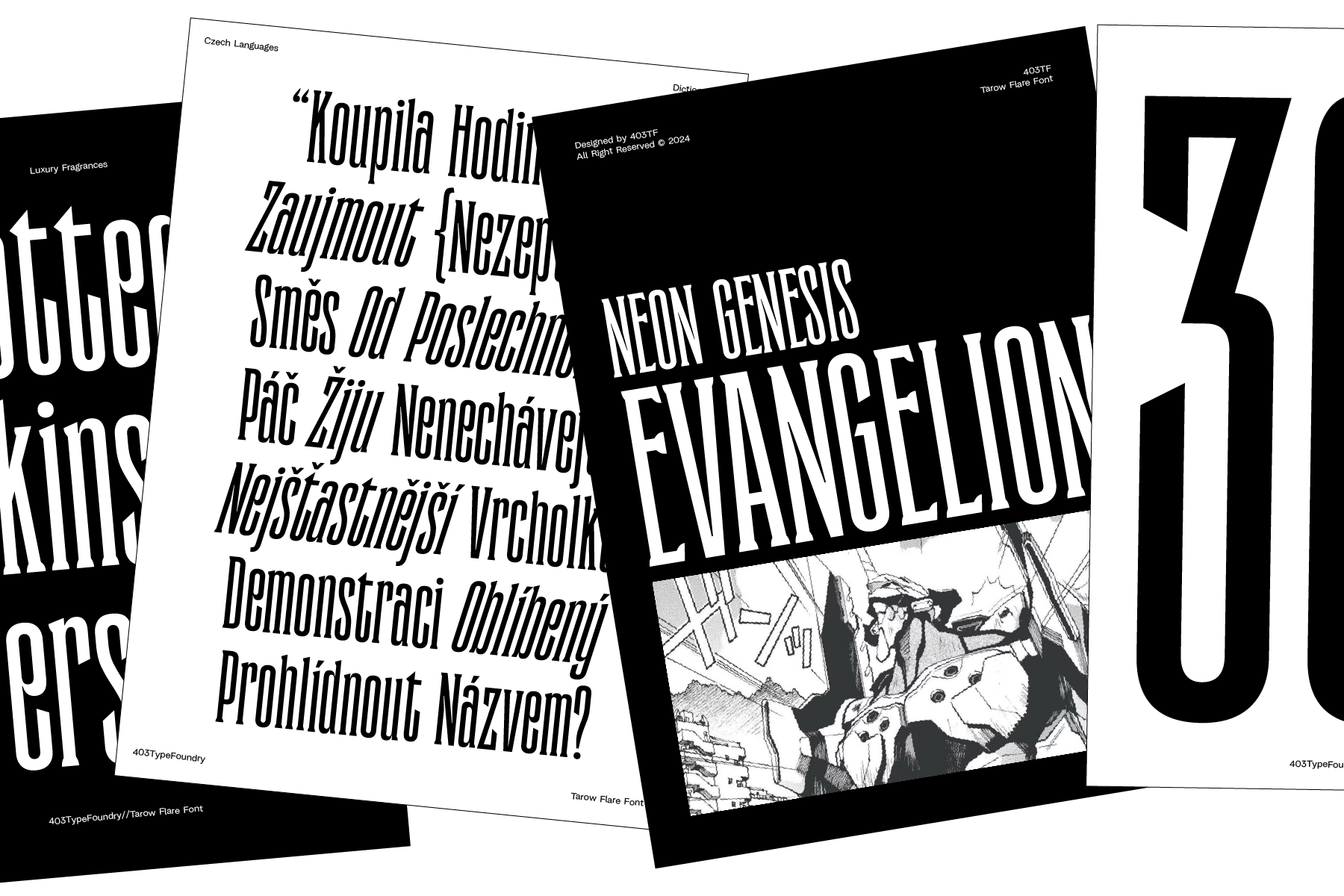 Fanned poster spread showing Tarow Flare font with Czech text samples
