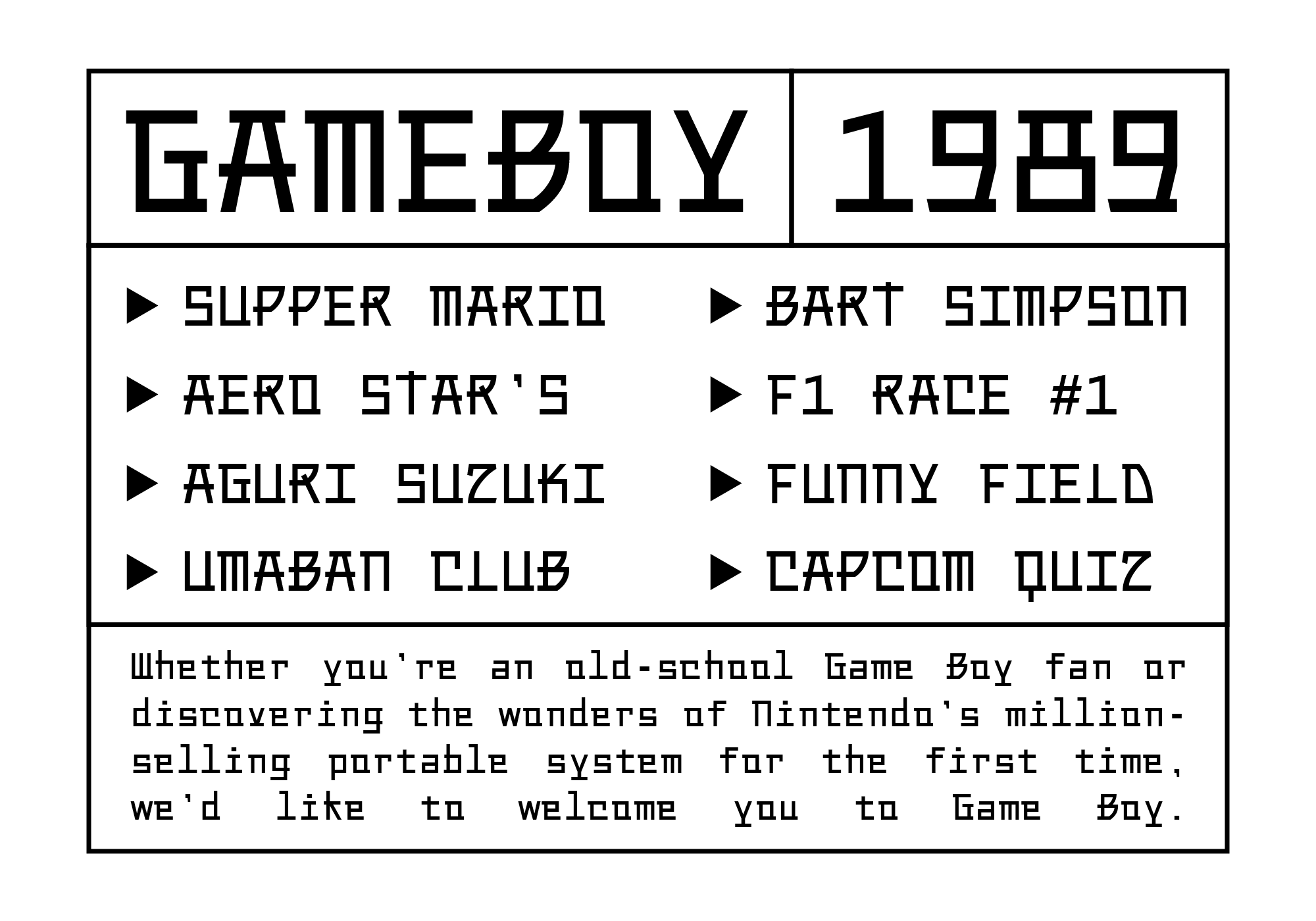 Gameboy 1989 menu layout showing classic Nintendo game titles in retro monospace font