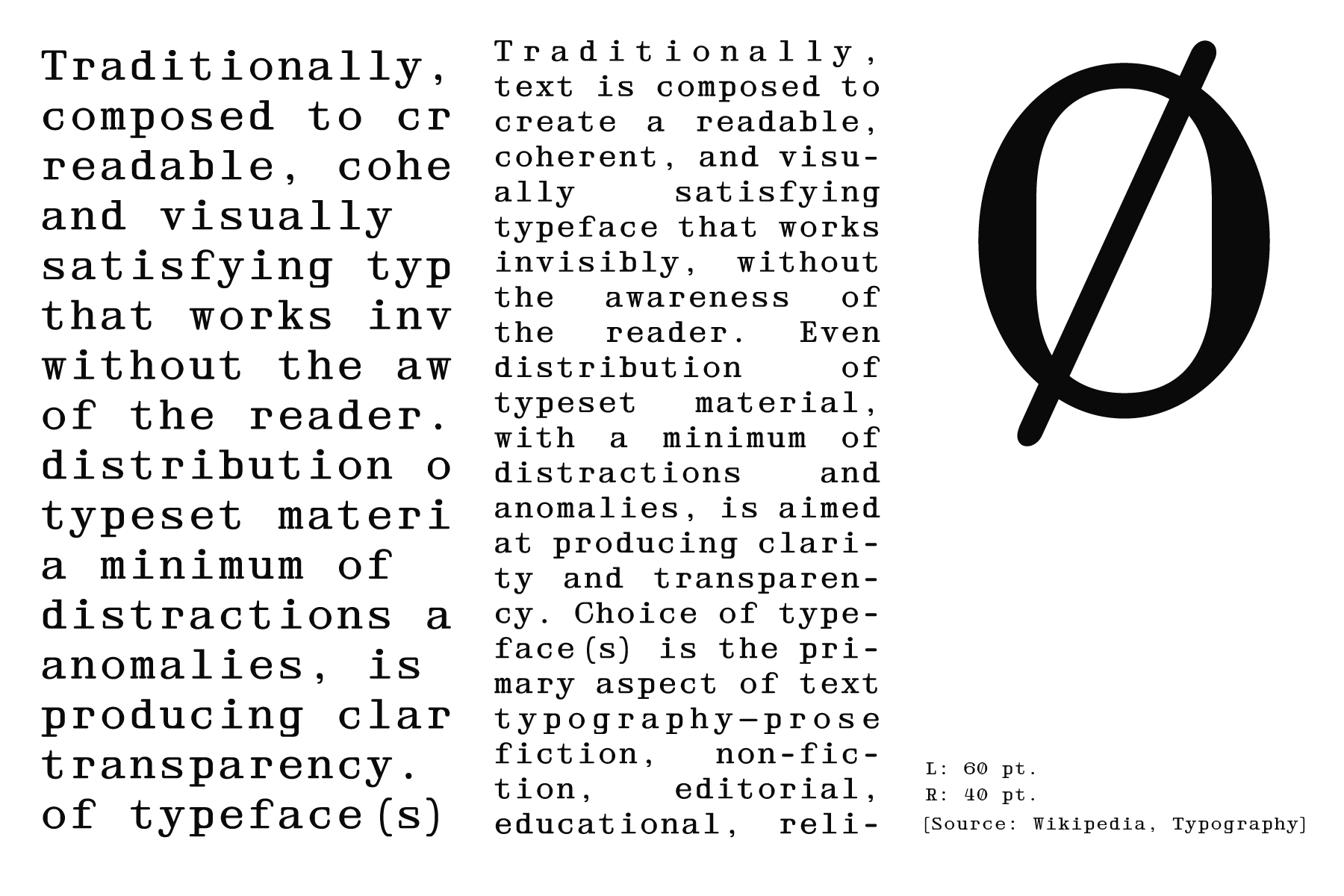 Typography specimen page with Lorem ipsum text in monospaced serif font