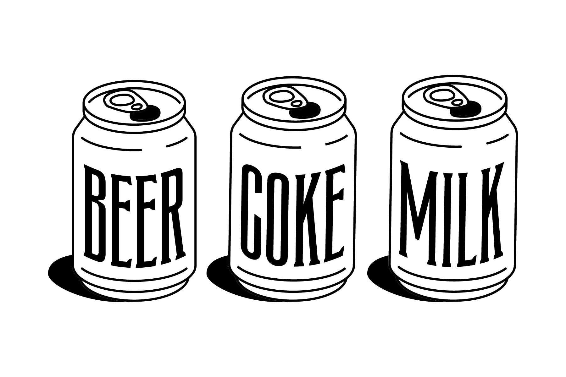 Line drawing of three labeled beverage cans: beer, coke, milk