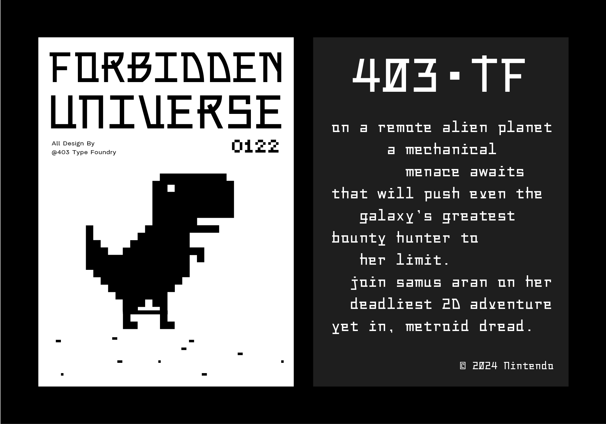 Forbidden Universe 0122 game cover split screen with pixelated dinosaur plus sci-fi game text