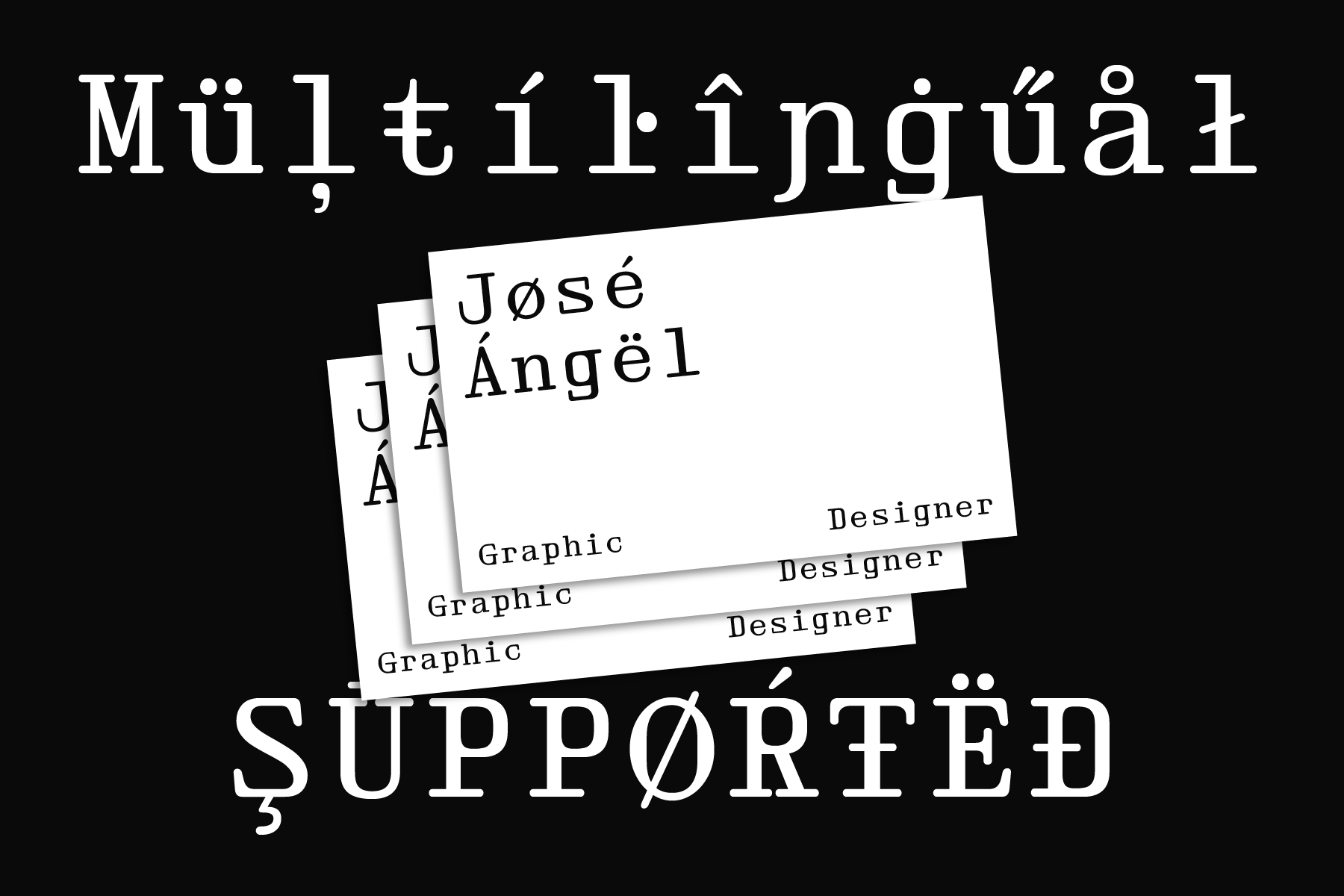 Multilingual supported stacked business cards showing José, Ángel, designer names