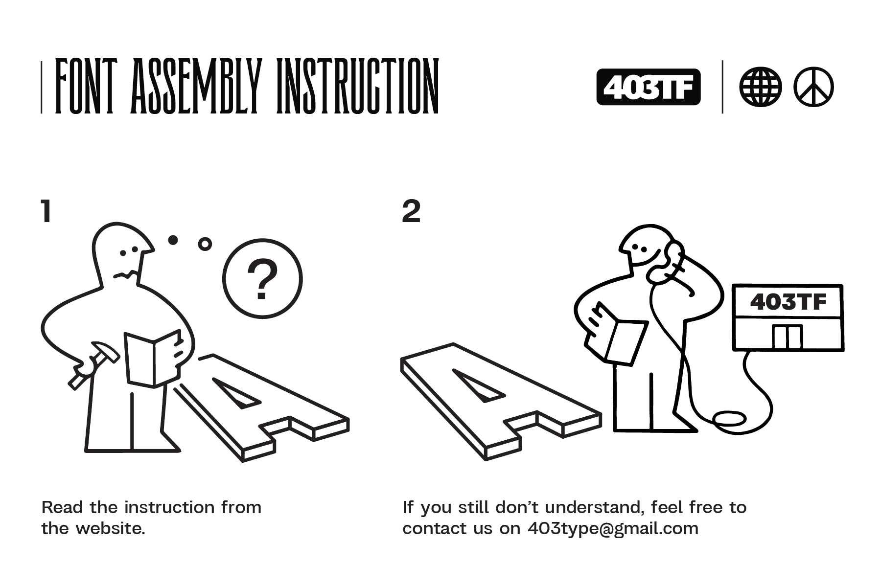 Font assembly instruction guide with cartoon figures showing usage steps
