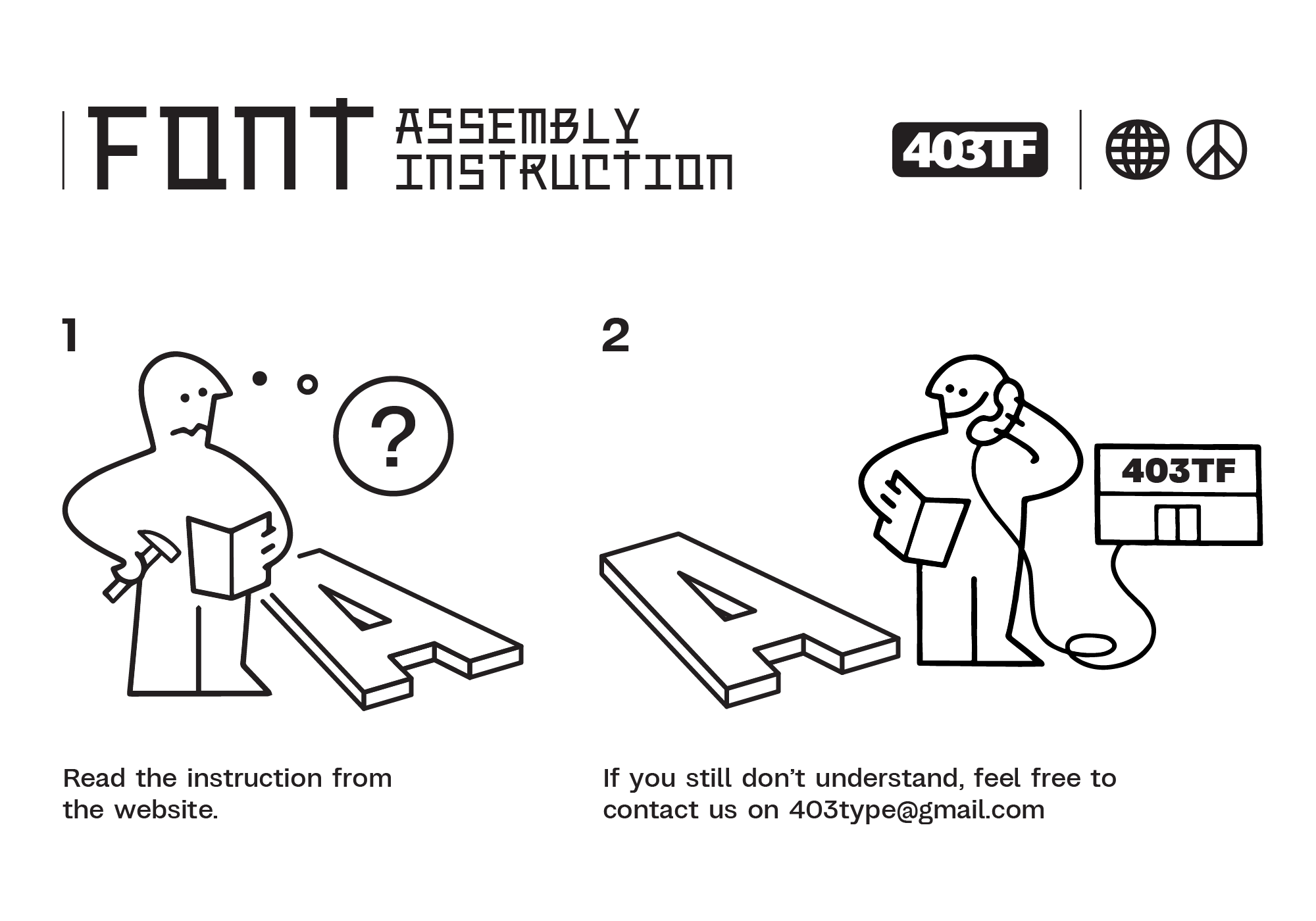 Font assembly instruction guide with two cartoon characters learning to use typeface