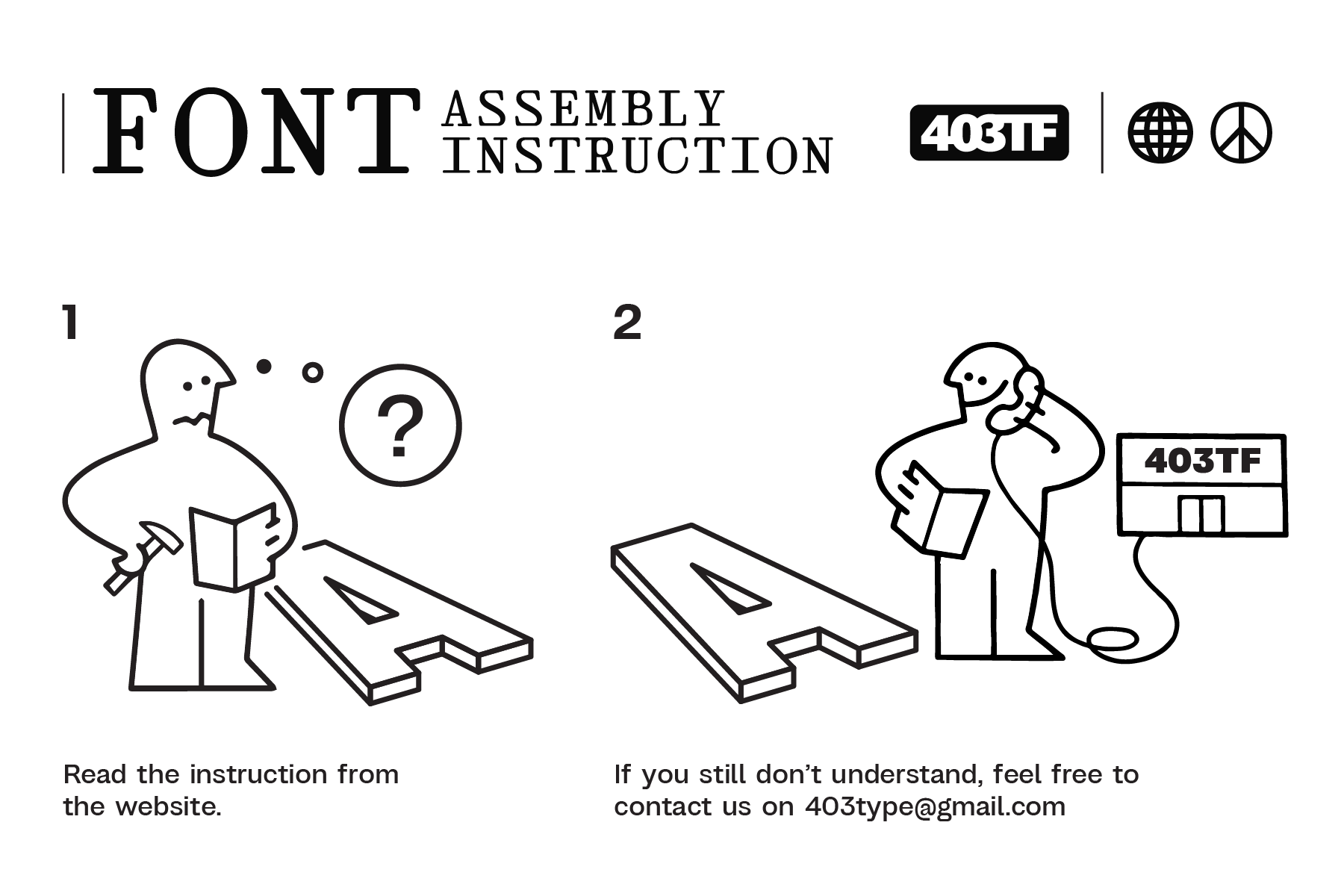 Font assembly instruction guide with cartoon figures showing setup steps