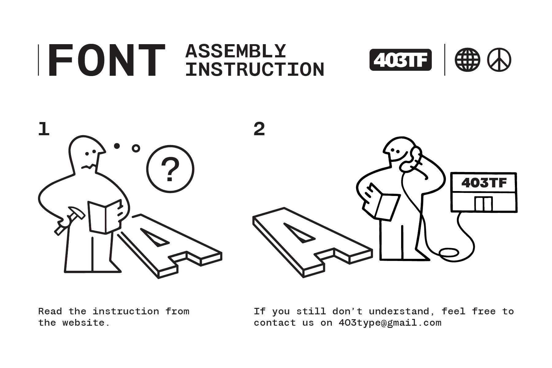 Font assembly instruction guide with cartoon characters building letters