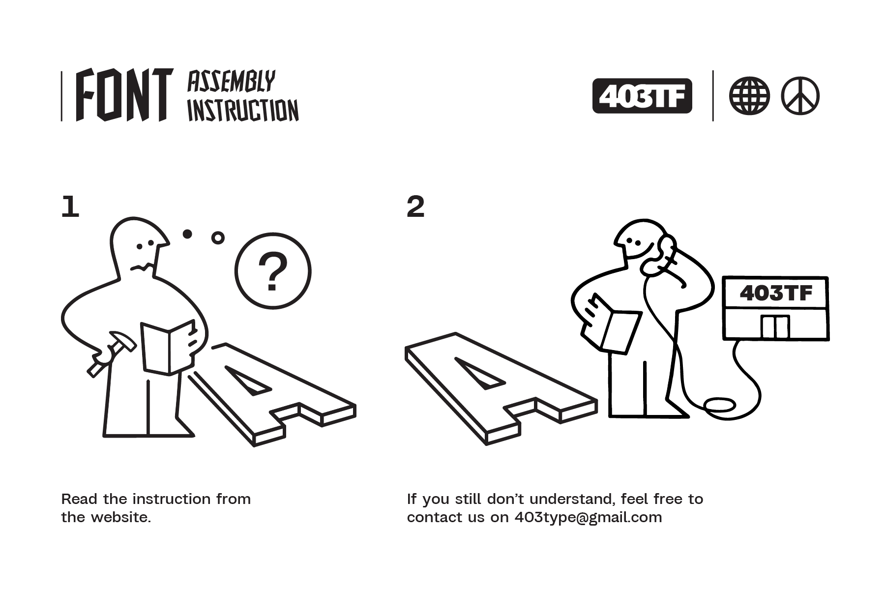 Comic style assembly instructions with confused figure followed by happy figure at foundry