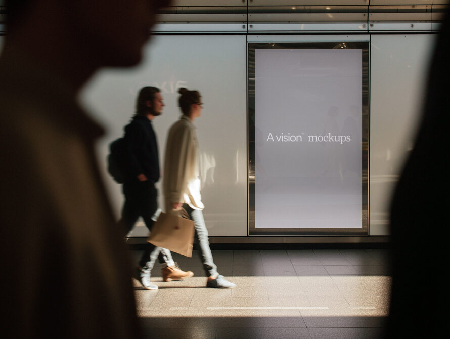 Empty transit poster mockup on bright corridor wall with moving pedestrians