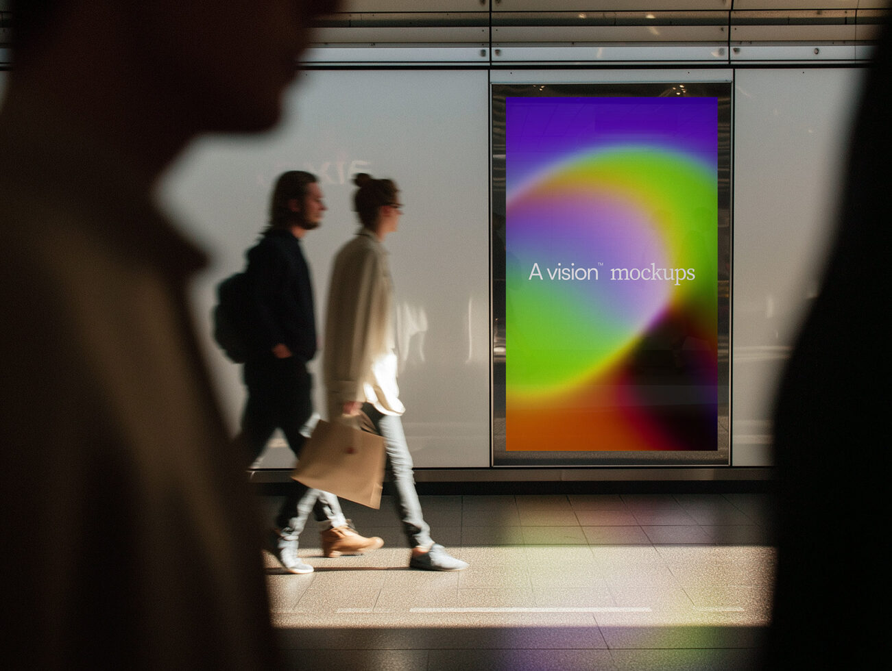 Transit poster mockup with neon gradient backdrop, blurred figures in foreground
