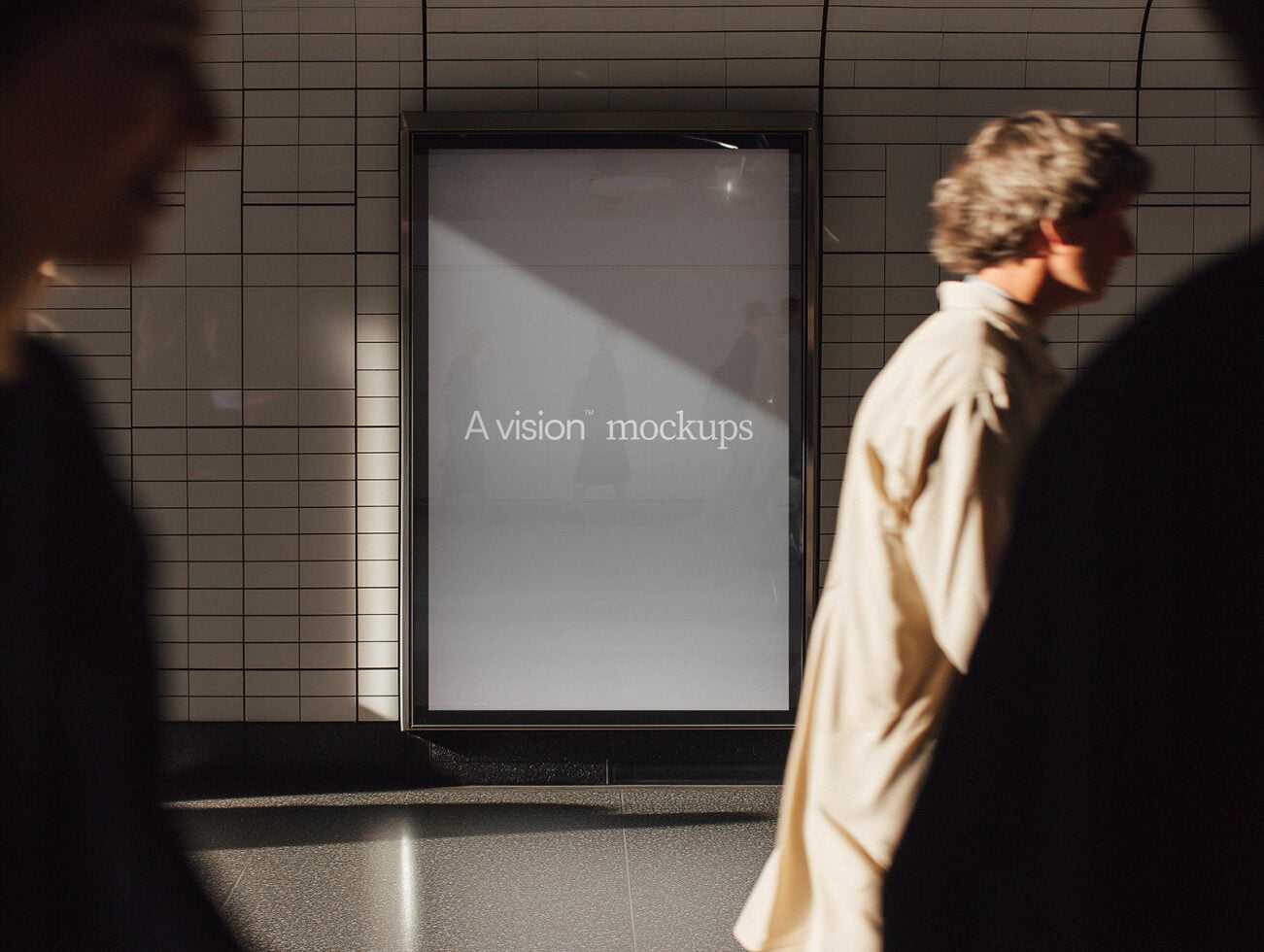 Neutral grey billboard mockup in subway station with passing pedestrians