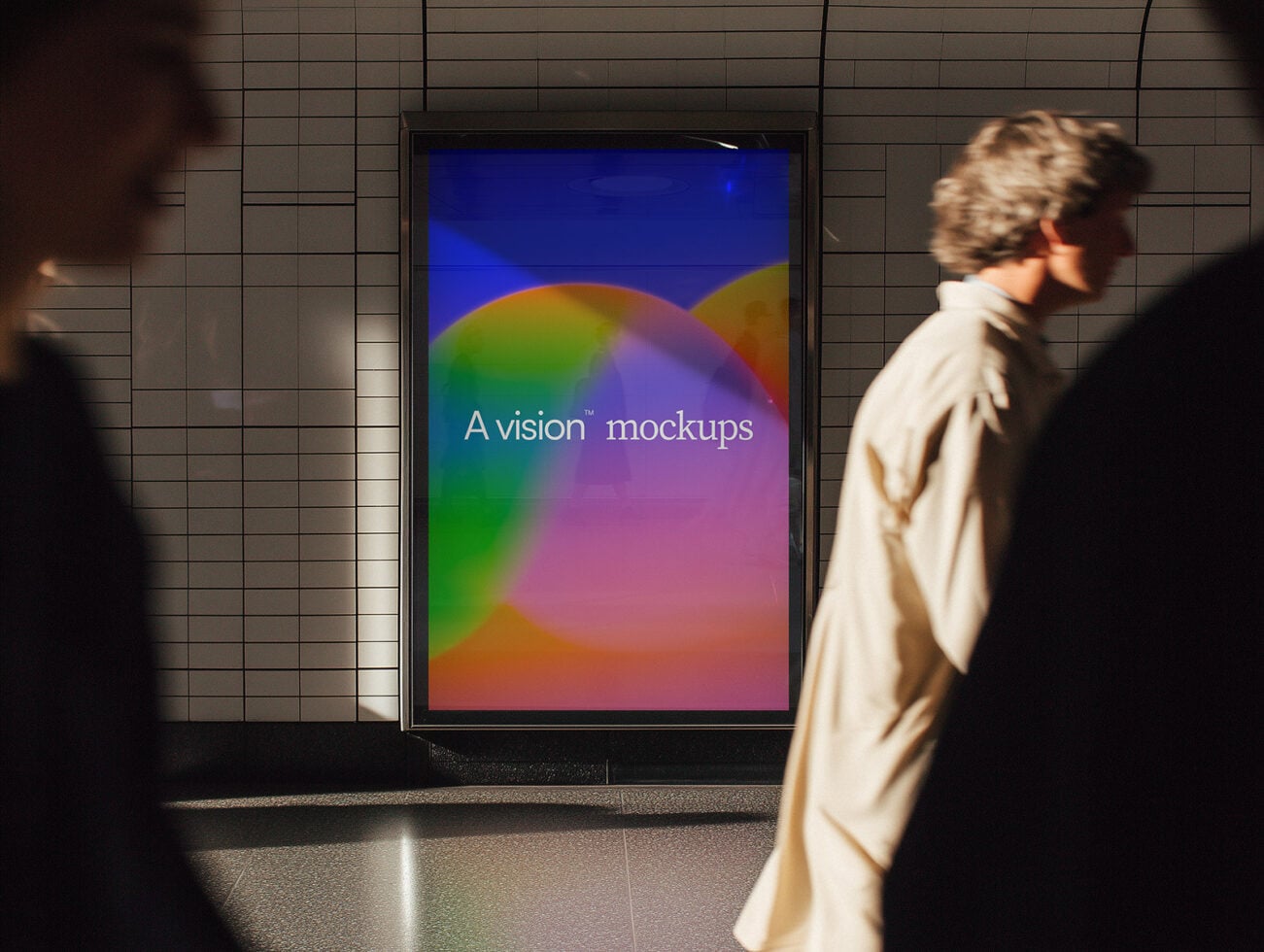 Colorful gradient billboard mockup in subway with people walking past