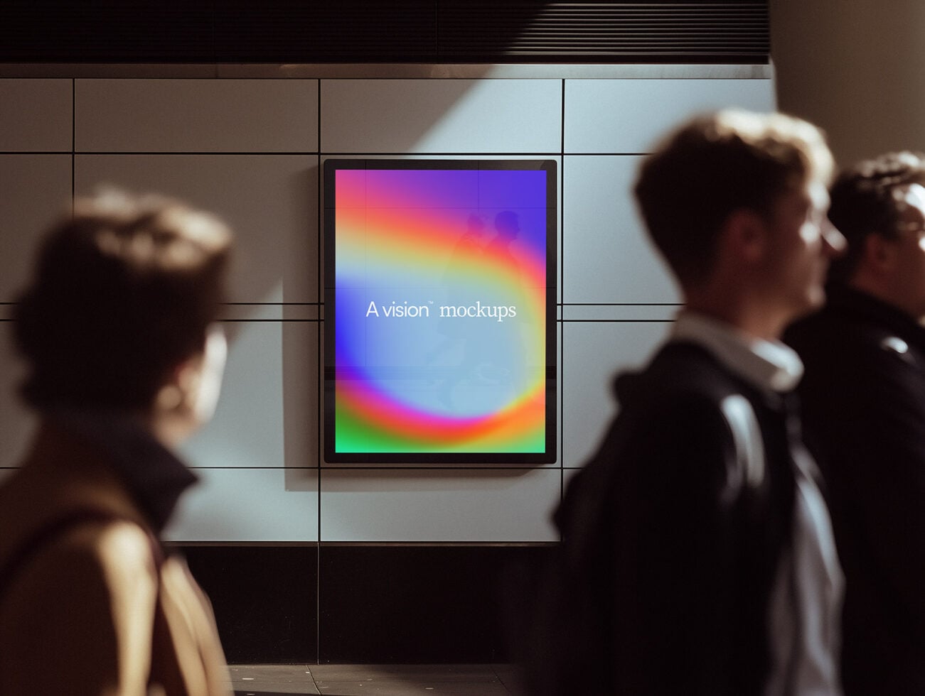 Display screen showing gradient rainbow gradient with blurred people walking past