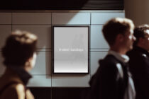 Indoor digital screen mockup blank slate with blurred people passing nearby