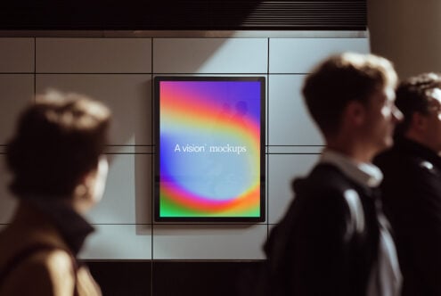 Large screen mockup with vibrant rainbow gradient, public space with figures