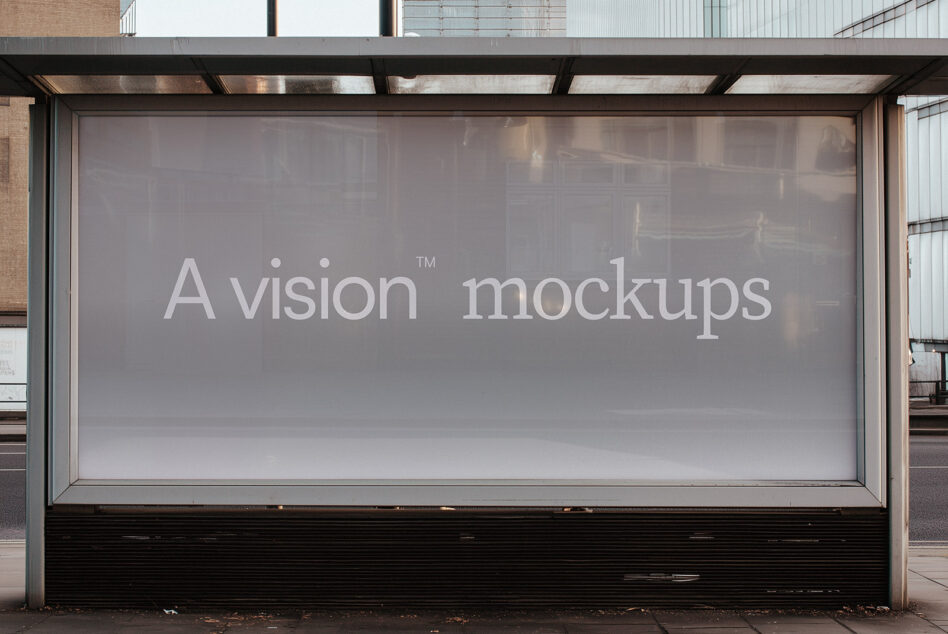 Large storefront window with A vision mockups text in white sans serif type