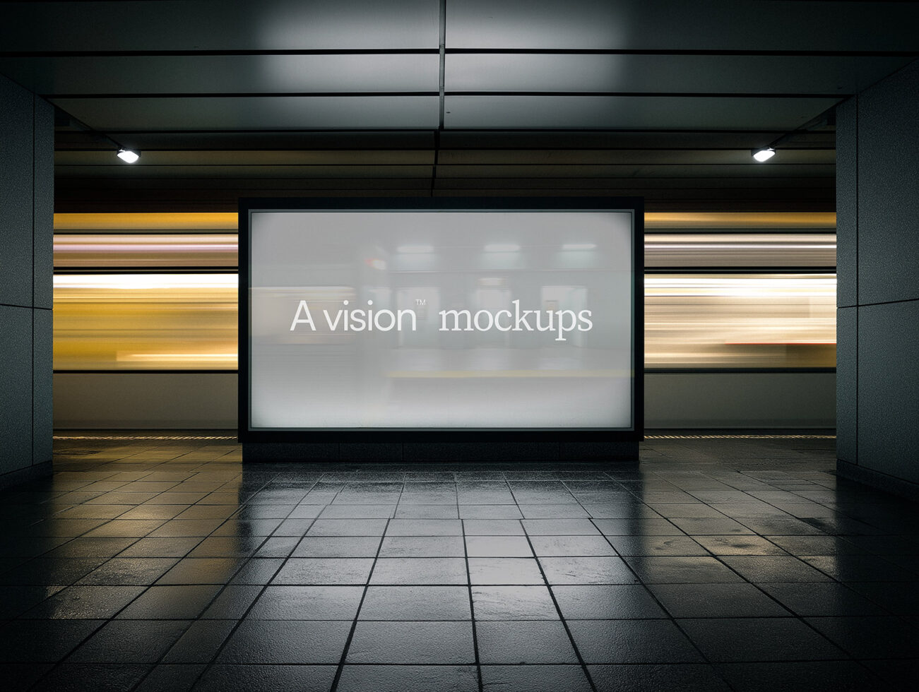 Sleek grey digital screen in underground passage with accent lighting