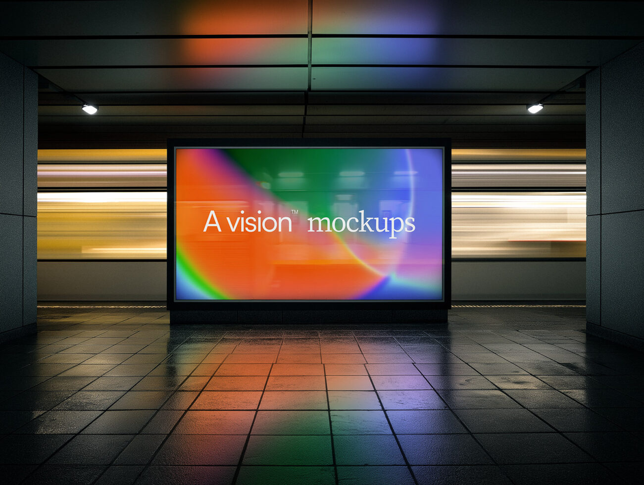 Digital billboard with vibrant gradient background in subway station