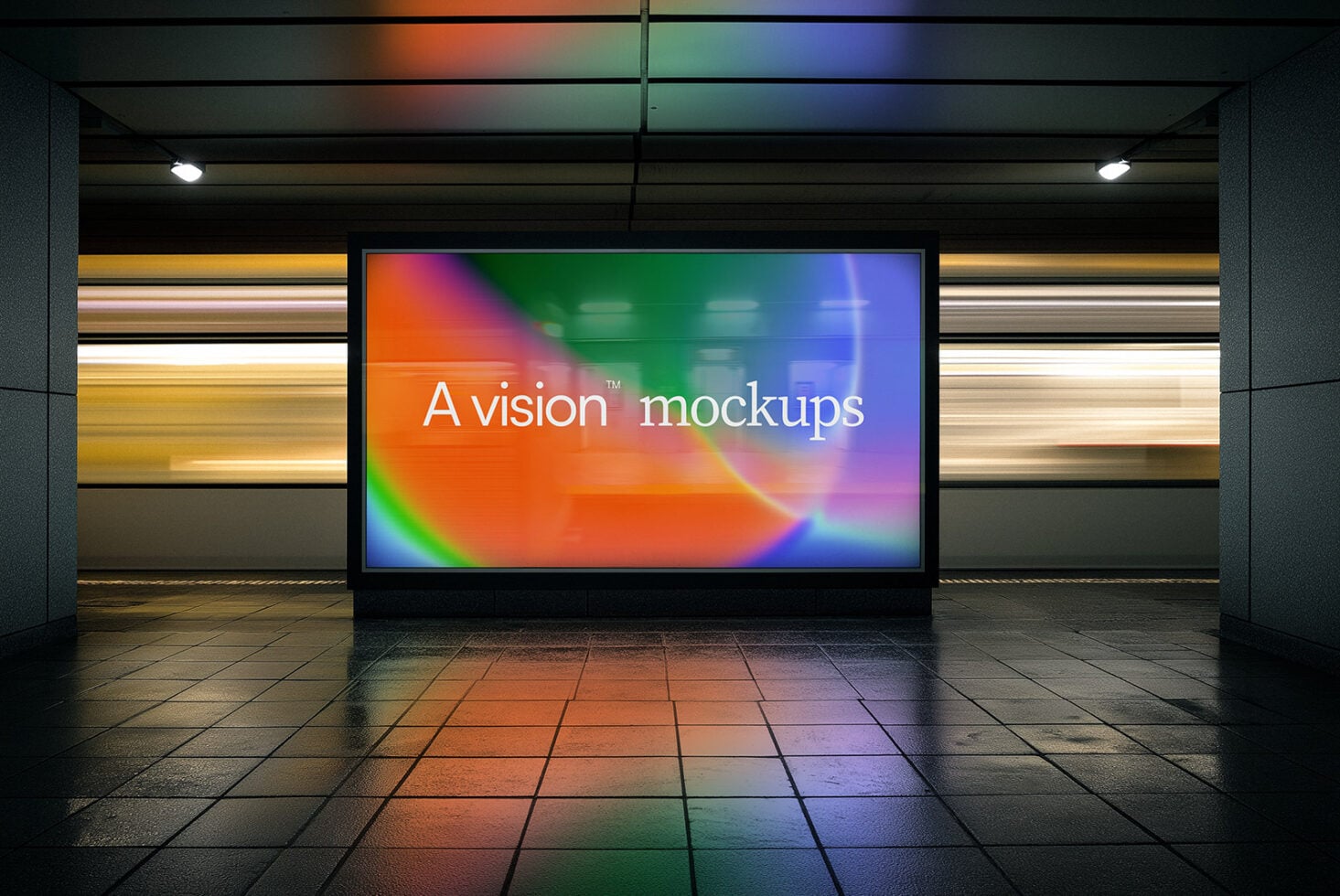 Large HD billboard casting rainbow glow on tiled floor below
