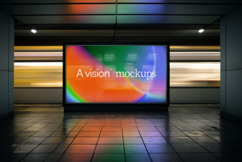 Large HD billboard casting rainbow glow on tiled floor below