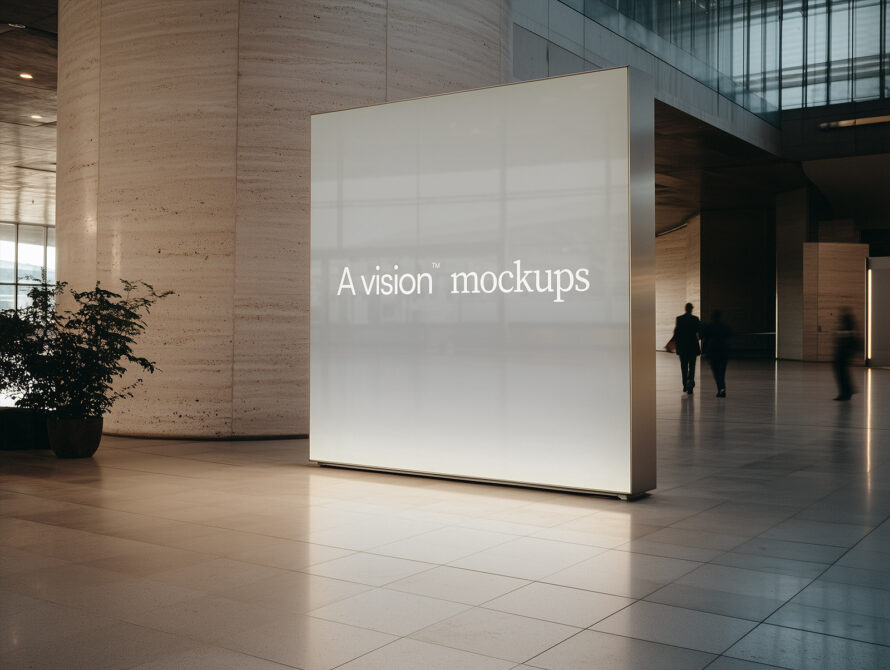 Square LED screen in concrete lobby space with clean white neutral background