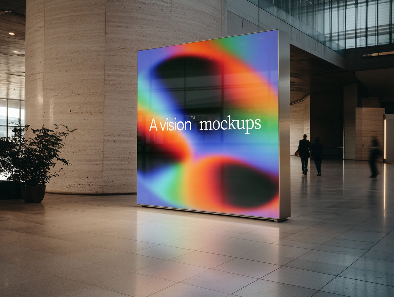 Square LED display in modern lobby with vibrant rainbow gradient background