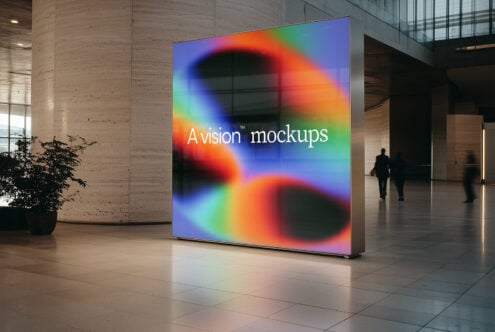 Square display in modern lobby with colorful rainbow gradient background