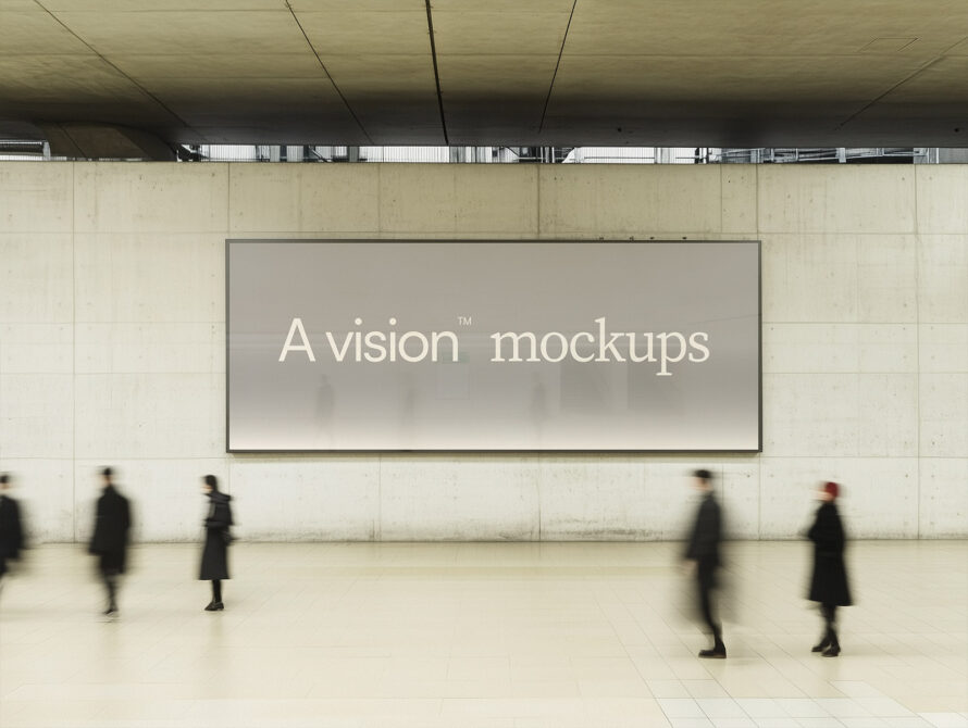 Large horizontal screen on concrete wall with neutral gray background