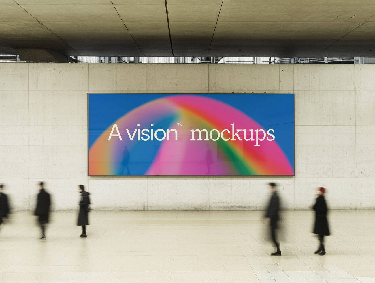 Wide display screen in underground station with vibrant rainbow gradient background