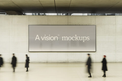 Large horizontal screen on concrete wall with soft gray neutral display