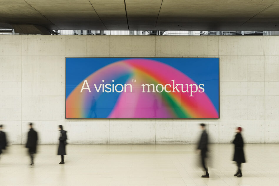 Wide display with colorful rainbow gradient, people walking below in lobby