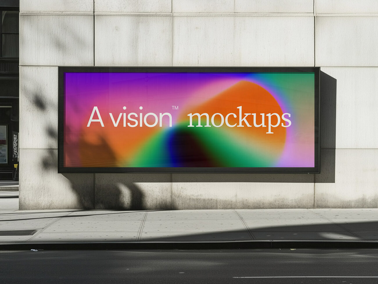 Wide signage with vibrant rainbow gradient against pale stone building