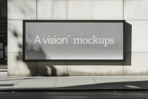 Horizontal billboard with black frame on concrete wall showing white text
