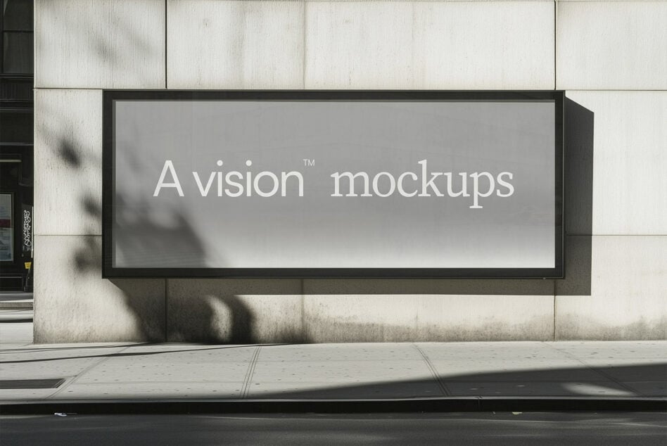 Horizontal billboard with black frame on concrete wall showing white text