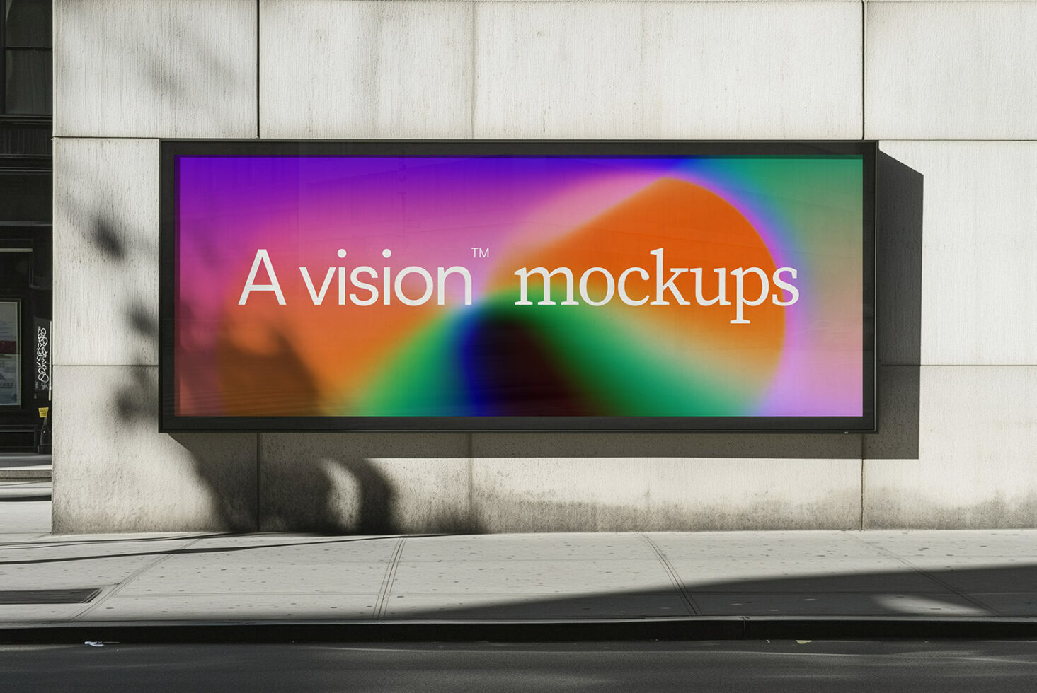 Large exterior billboard with bold gradient colors on weathered stone wall